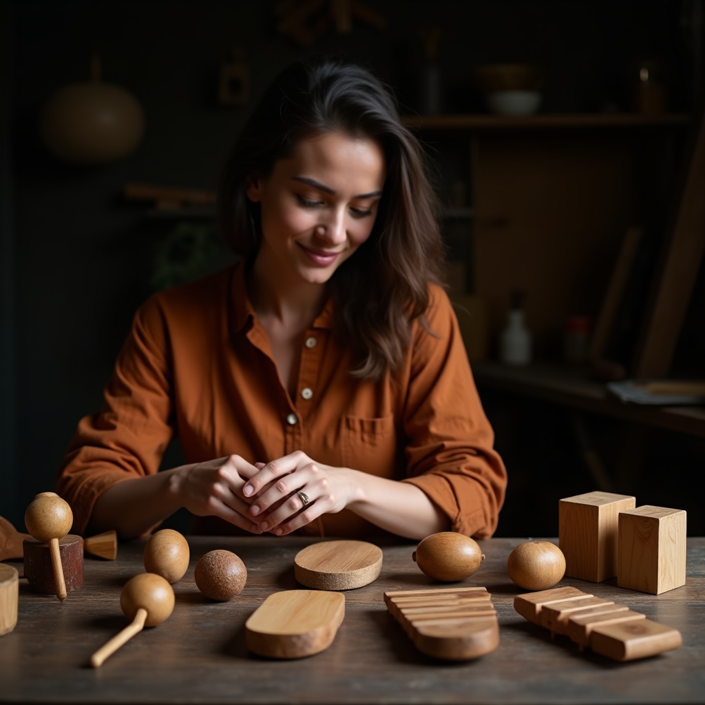 Set di piccole percussioni in legno e materiali naturali
