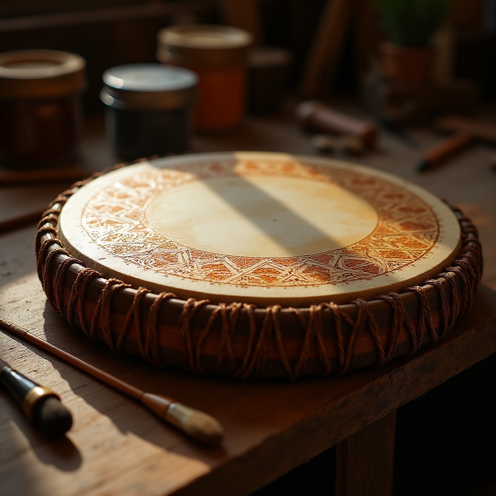Tamburo artigianale con decorazioni tradizionali